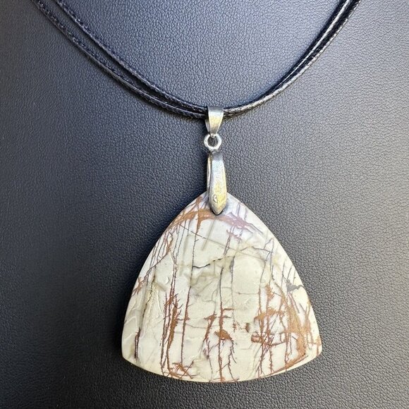 Pendant Necklace Red Creek Jasper Polish Multicolor Stone 18 KGP Silver Bale 16" - Picture 2 of 5